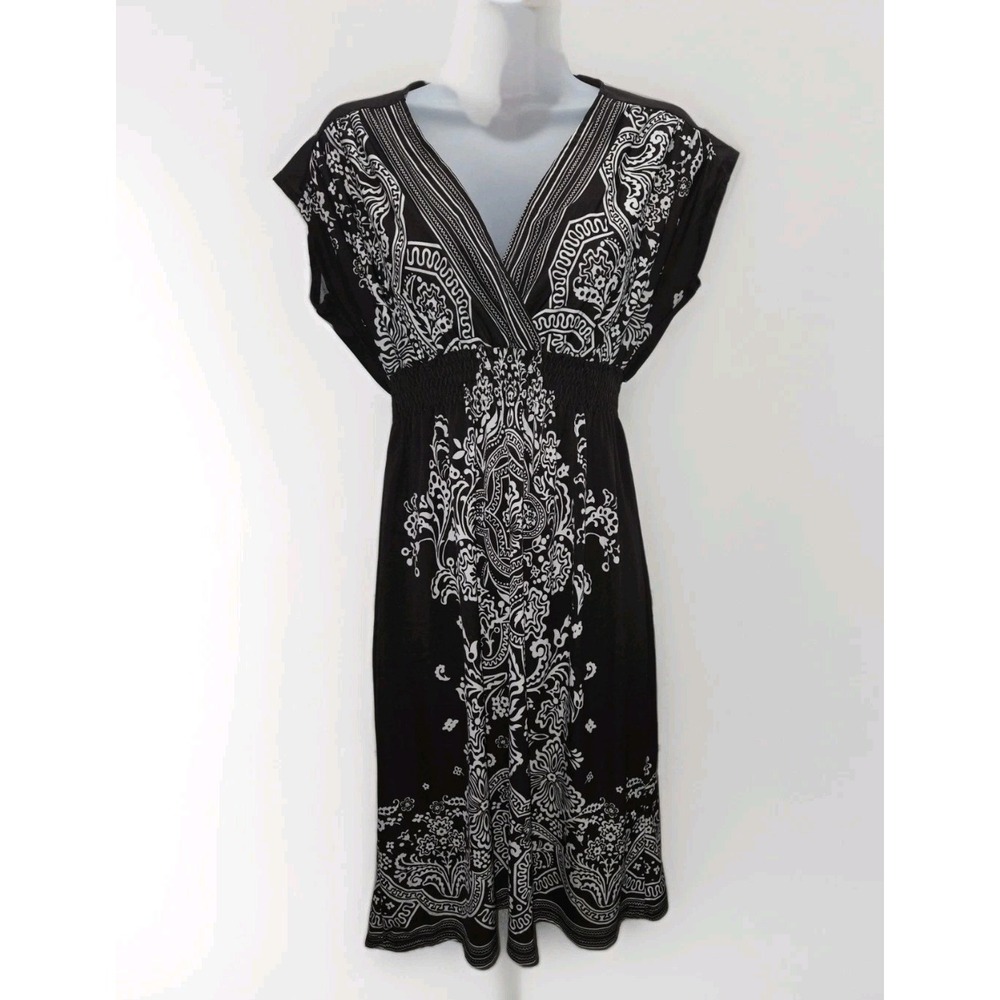 Women's Boho Paisley Print Empire Waist V-Neck Knee Length Dress Size M Brown